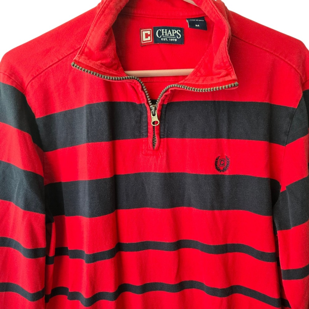 VTG Chaps Mens Red Navy Preppy Rugby Striped Quarter Zip Pullover‎ Cotton Medium